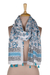 Block-printed cotton shawl, 'Azure Leaves' - Block-Printed Leaf-Motif Cotton Shawl