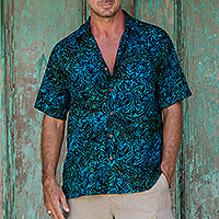 Men's batik rayon shirt, 'Night Jungle'
