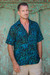 Men's batik rayon shirt, 'Night Jungle' - Men's Rayon Shirt with Leafy Batik Print in Green and Blue (image 2b) thumbail