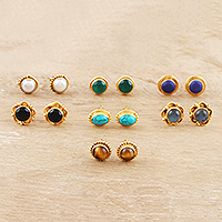 Gemstone stud earrings, 'Daily Glamour' (set of 7) - Gold-Plated Multi-Gemstone Stud Earrings (Set of 7)