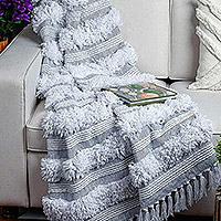 Cotton throw blanket, 'Plush Dreams' - Grey and White Knitted Cotton Throw from India