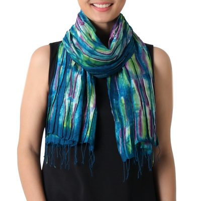 Silk scarf, 'Enchanting Love' - Hand Woven Fringed Silk Scarf in Multicolor from Thailand