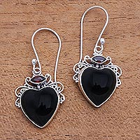 Garnet and horn dangle earrings, 'Dark Passion' - Heart-Shaped Garnet and Horn Dangle Earrings from Bali