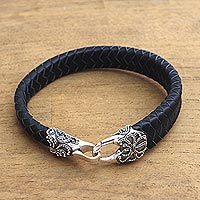 Men's leather and sterling silver braided wristband bracelet, 'Bun Claw in Black' - Men's Leather and Sterling Silver Bracelet in Black