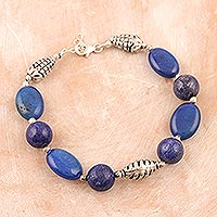 Lapis lazuli beaded bracelet, 'Night Harmony' - Sterling Silver and Lapis Lazuli Beaded Bracelet