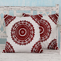 Cotton cushion covers, 'Ruby Mandalas' (pair) - Embroidered Red on White Cushion Covers from India (Pair)