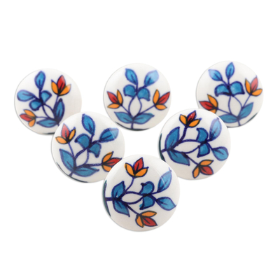 Hand-painted ceramic knobs, 'Cheerful Leaves' (set of 6) - Hand-Painted Leaf-Motif Ceramic Knobs (Set of 6)