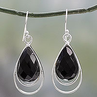 Onyx dangle earrings, 'Delhi Glam' - Sterling Silver Dangle Earrings with Black Onyx