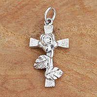 Diamond and rhodium plated sterling silver pendant, 'Cross of Roses' - Cross and Rose Pendant with Genuine Diamond