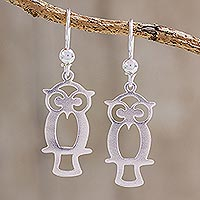 Sterling silver dangle earrings, 'Maya Owl' - Guatemalan Sterling Silver Owl Shape Earrings