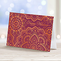 Holiday greeting cards, 'Elegant Snowflakes' (set of 12) - Red & Gold Happy Holidays Greeting Cards (Set of 12)