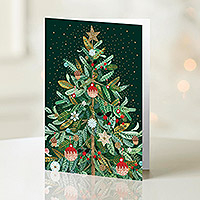 Holiday greeting cards, 'Festive Tree' (set of 20) - Merry Christmas Tree Holiday Greeting Cards (Set of 20)