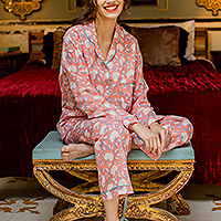Cotton pajama set, 'Pink Spring' - Floral Printed Cotton Pajama Set in Pink Shade