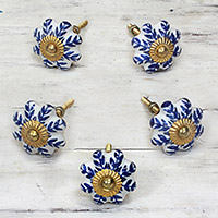 Ceramic cabinet knobs, 'Blue Sunshine' (set of 5) - Ceramic Cabinet Knobs Floral White Blue (Set of 5) India