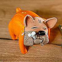 Ceramic figurine, 'Orange Bulldog' - Orange Bulldog Ceramic Figurine Made and Painted by Hand