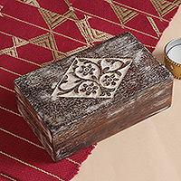 Wood decorative box, 'Blossoming Rhombus' - Handcrafted Floral Mango Wood Decorative Box from India