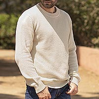 Suéter de algodón pima para hombre, 'Casual Style in Ivory' - Suéter de hombre de algodón pima con cuello redondo liso color marfil procedente de Perú