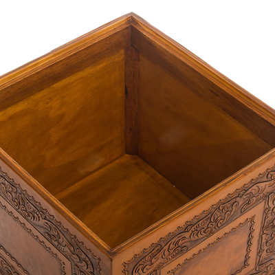 Leather ottoman, 'Golden Colonial Ivy' - Leather Ottoman