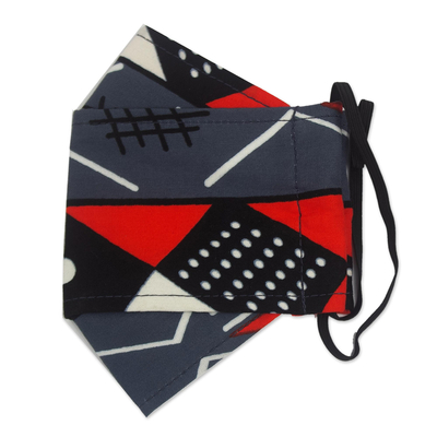 Cotton face mask, 'Red Geometry' - Hand Made Cotton Face Mask from West Africa