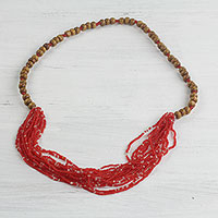 Glass beaded necklace, 'Cardinal Red Beauty' - Recycled Glass Beaded Necklace in Cardinal Red from Ghana