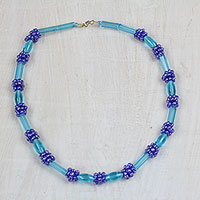 Recycled glass beaded necklace, 'Joyful Blue' - Recycled Glass Beaded Necklace in Blue from Ghana