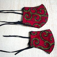 Family set of cotton face masks, 'Ruby Paths' (pair) - Family Set Pair Red Cotton African Print Face Masks