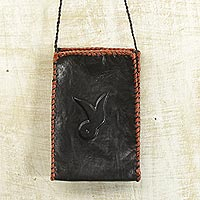 Bolso bandolera de cuero para teléfono celular, 'Conejo africano' - Bolso bandolera de cuero hecho a mano para teléfono celular en negro