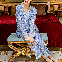 Cotton pajama set, 'Cyan Illusion' - Mandala Printed Cyan Cotton Pajama Set with Yellow Piping
