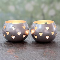 Steel tealight holders, 'Silver Hearts' (pair) - Heart Themed Silver Finish Metal Tealight Holders (Pair)
