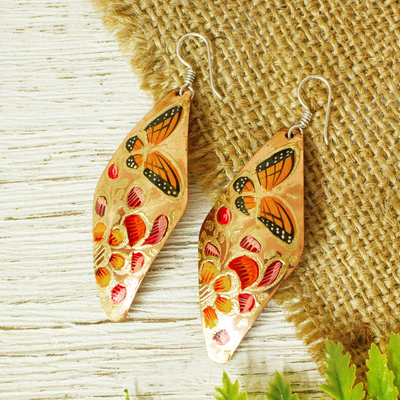 Copper dangle earrings, 'Butterflies and Petunias' - Hand Painted Copper Butterfly Dangle Earrings from Mexico