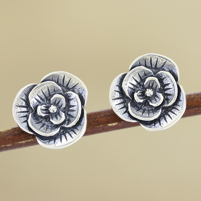 Sterling silver button earrings, 'Spring Hope' - Artisan Made Sterling Silver Floral Button Earrings