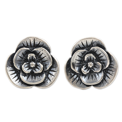 Sterling silver button earrings, 'Spring Hope' - Artisan Made Sterling Silver Floral Button Earrings