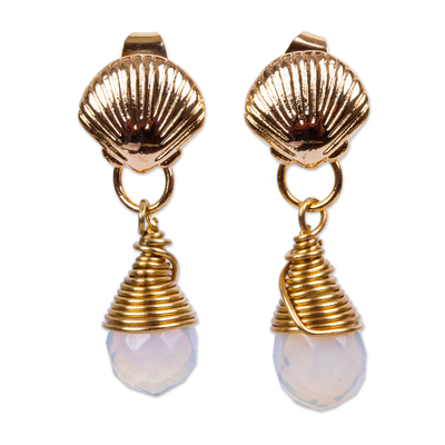 Gold-plated moonstone dangle earrings, 'Moonlit Sea' - Seashell Motif Moonstone Earrings