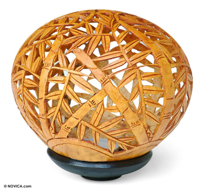 Coconut shell sculpture, 'Bamboo Grove' - Handcrafted Leaf and Tree Coconut Shell Carving