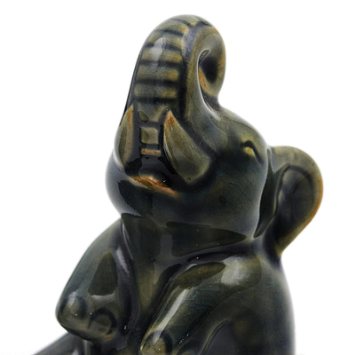 Celadon ceramic statuettes, 'Happy Dark Green Elephants' (pair) - Handcrafted Dark Green Celadon Ceramic Elephants (Pair)