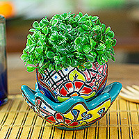 Ceramic flower pot, 'Talavera Eden in Teal' - Handcrafted Floral Ceramic Pot with Saucer in a Teal Hue