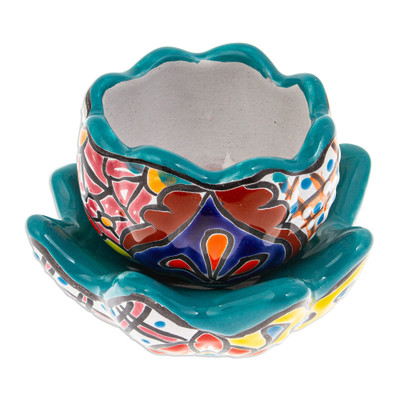 Ceramic flower pot, 'Talavera Eden in Teal' - Handcrafted Floral Ceramic Pot with Saucer in a Teal Hue