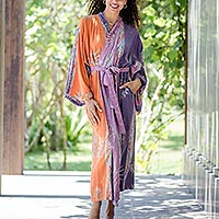 Hand-stamped batik rayon robe, 'Dusky Sunrise'