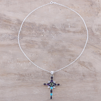 Multi-gemstone pendant necklace, 'Faithful Fusion' - Multi-Gemstone Cross Pendant Necklace from India