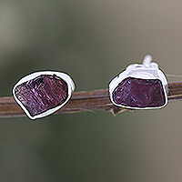 Garnet stud earrings, 'Liberated Perseverance' - Sterling Silver Stud Earrings with Freeform Garnet Stones