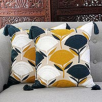 Cotton cushion covers, 'Chic Bouquet' (pair) - Floral Cotton Cushion Covers with Tassels from India (Pair)