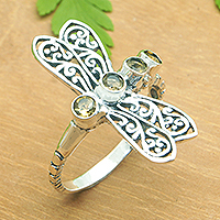 Citrine cocktail ring, 'Prosperous Dragonfly' - Dragonfly-Themed Cocktail Ring with Faceted Citrine Jewels