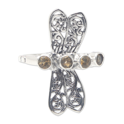Citrine cocktail ring, 'Prosperous Dragonfly' - Dragonfly-Themed Cocktail Ring with Faceted Citrine Jewels
