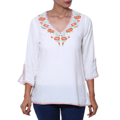 Viscose tunic, 'Floral Burst' - Viscose Tunic with Orange Floral Embroidery from India