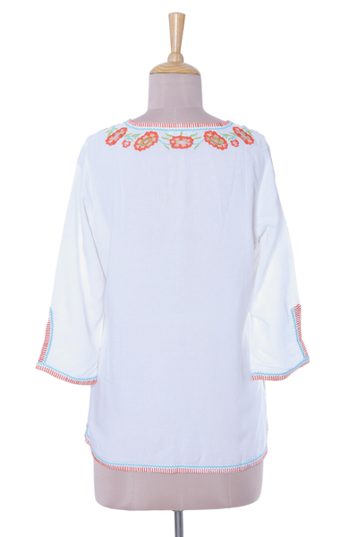 Viscose tunic, 'Floral Burst' - Viscose Tunic with Orange Floral Embroidery from India
