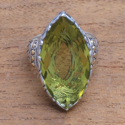 Gold accented lemon quartz cocktail ring, 'Sky Arc' - Gold Accented Lemon Quartz Cocktail Ring from Bali