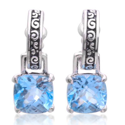 Blue topaz dangle earrings, 'Buddha Hoops' - Blue Topaz and Sterling Silver Dangle Earrings from Bali