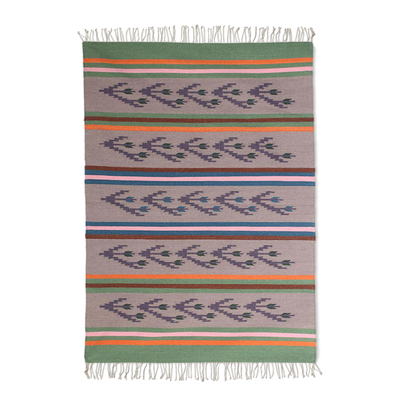 Dhurrie-Teppich aus Wolle, (4x6) - 4x6 handgewebter Dhurrie-Teppich aus Wolle mit Blumenmuster aus Indien