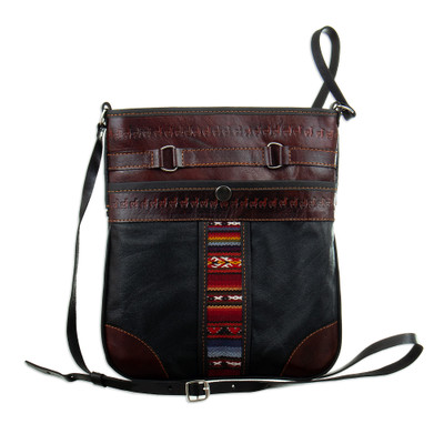 Wool-accented leather sling, 'Andean Dame' - Handcrafted Brown and Black Leather Sling with Wool Accent
