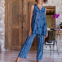 Cotton pajama set, 'Geometric Indigo' - Cotton Pajama Set with Chevron and Boho-Inspired Prints